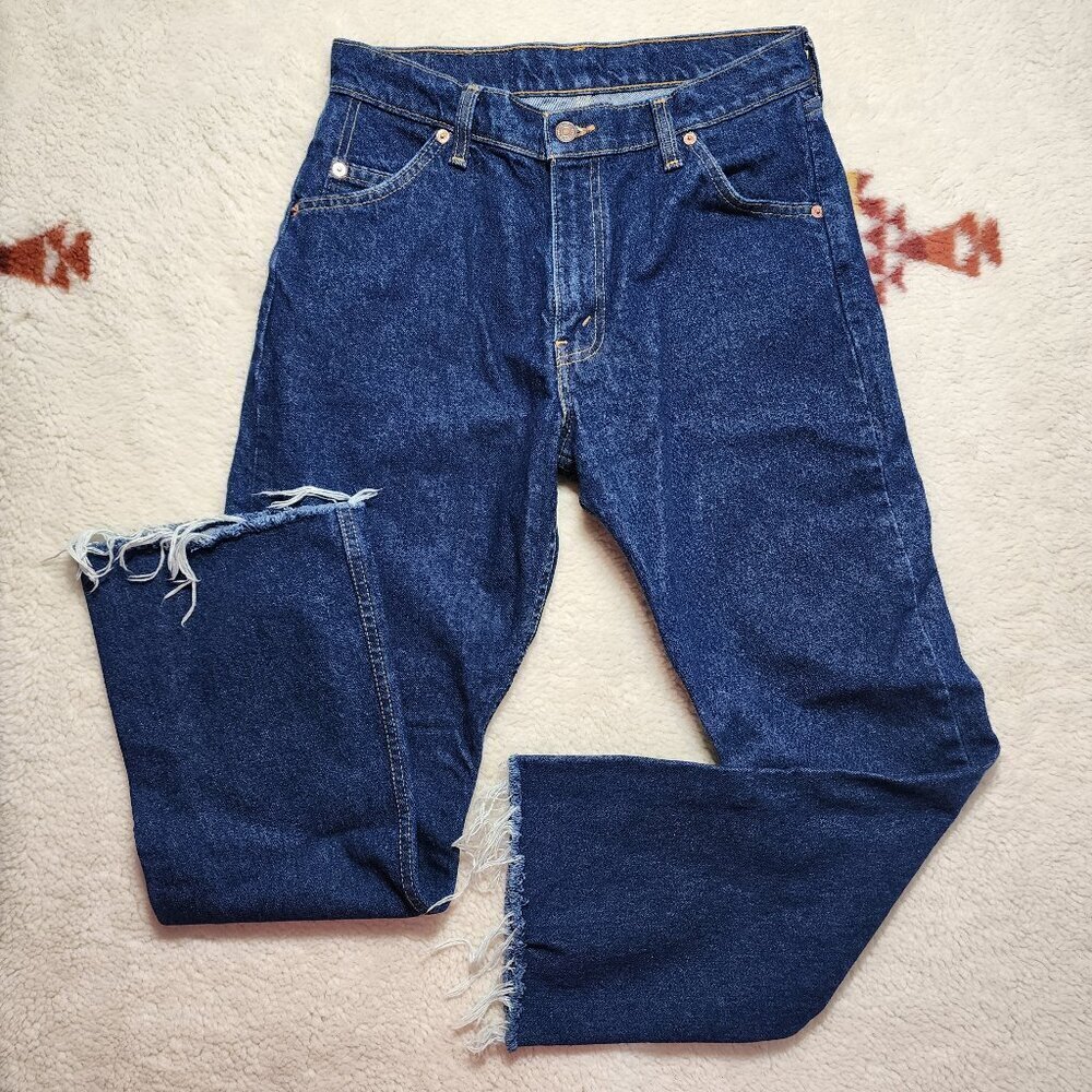 Vintage 70s Levis Jeans 30x29 Orange Tab 684 0217 Frayed Hem Dark Wash Mid Rise